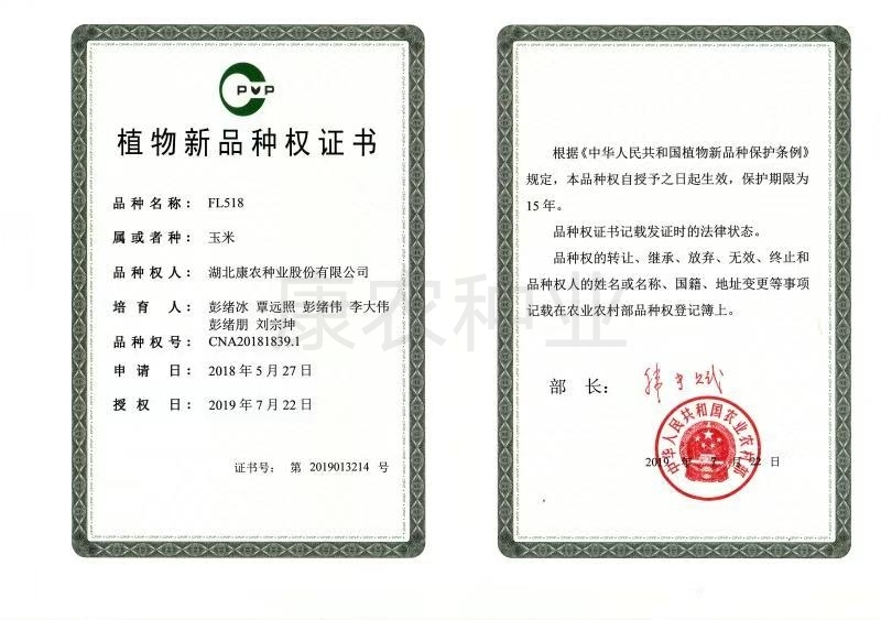 FL518 Plant New Variety Right Certificate