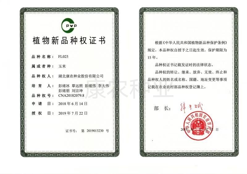 FL025 New Plant Variety Right Certificate